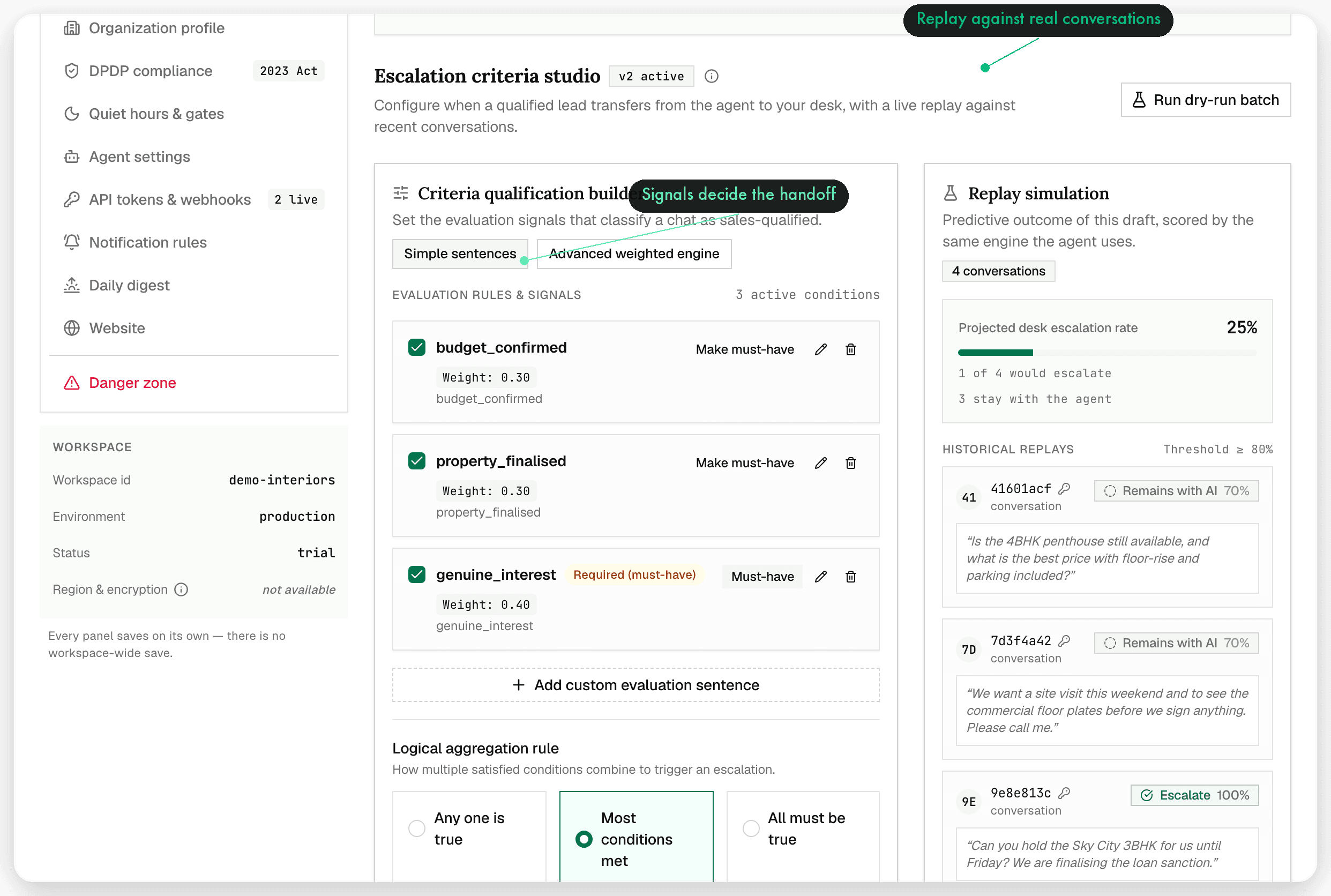 Escalation criteria studio — the rules that decide when the agent hands a conversation to a human