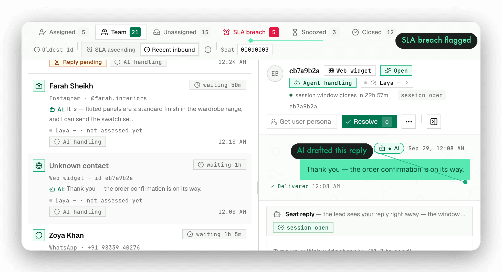 The Oppiq inbox: live queue, SLA timers, conversation thread and lead intelligence