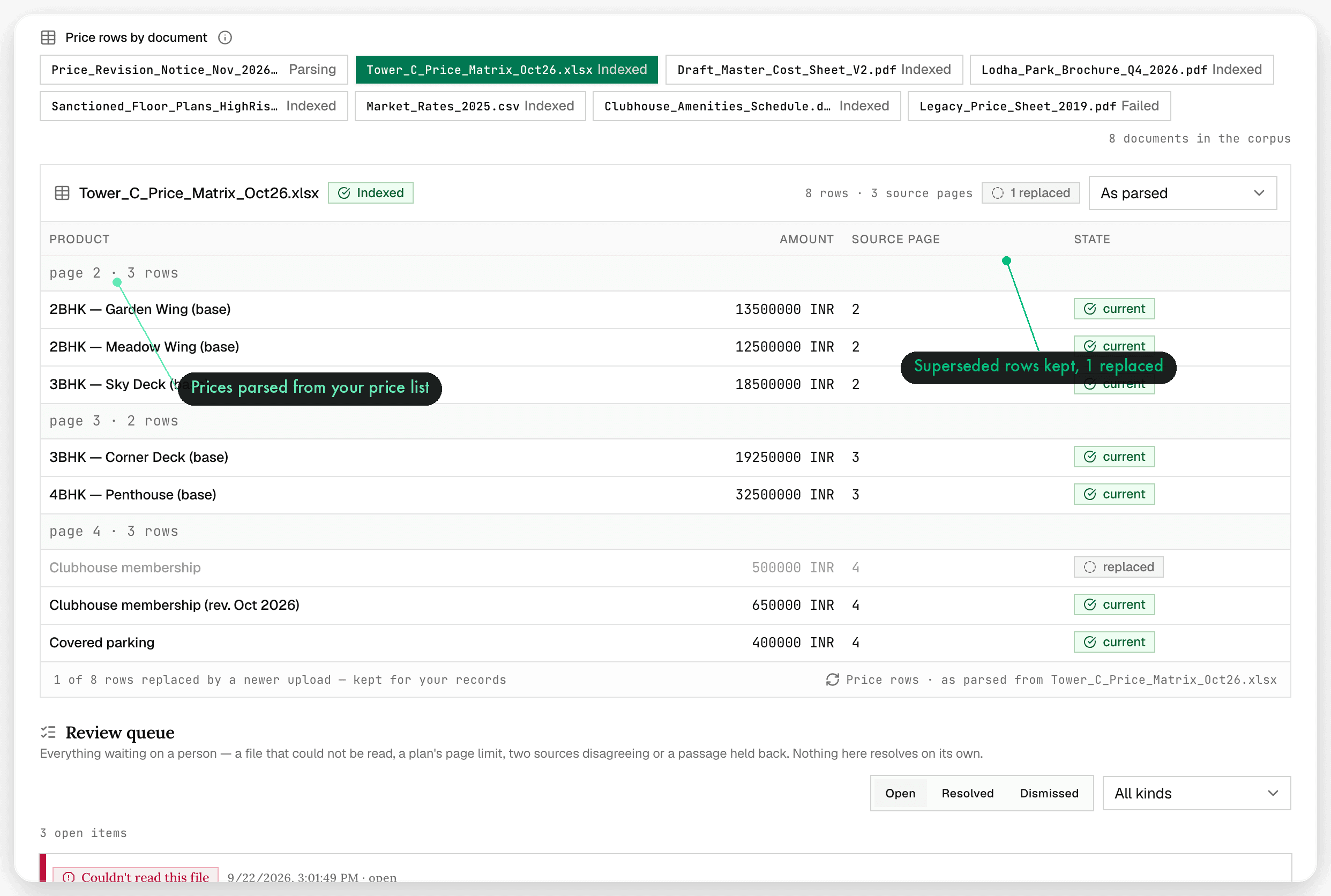Knowledge — price lists — Grounded answers from your own documents