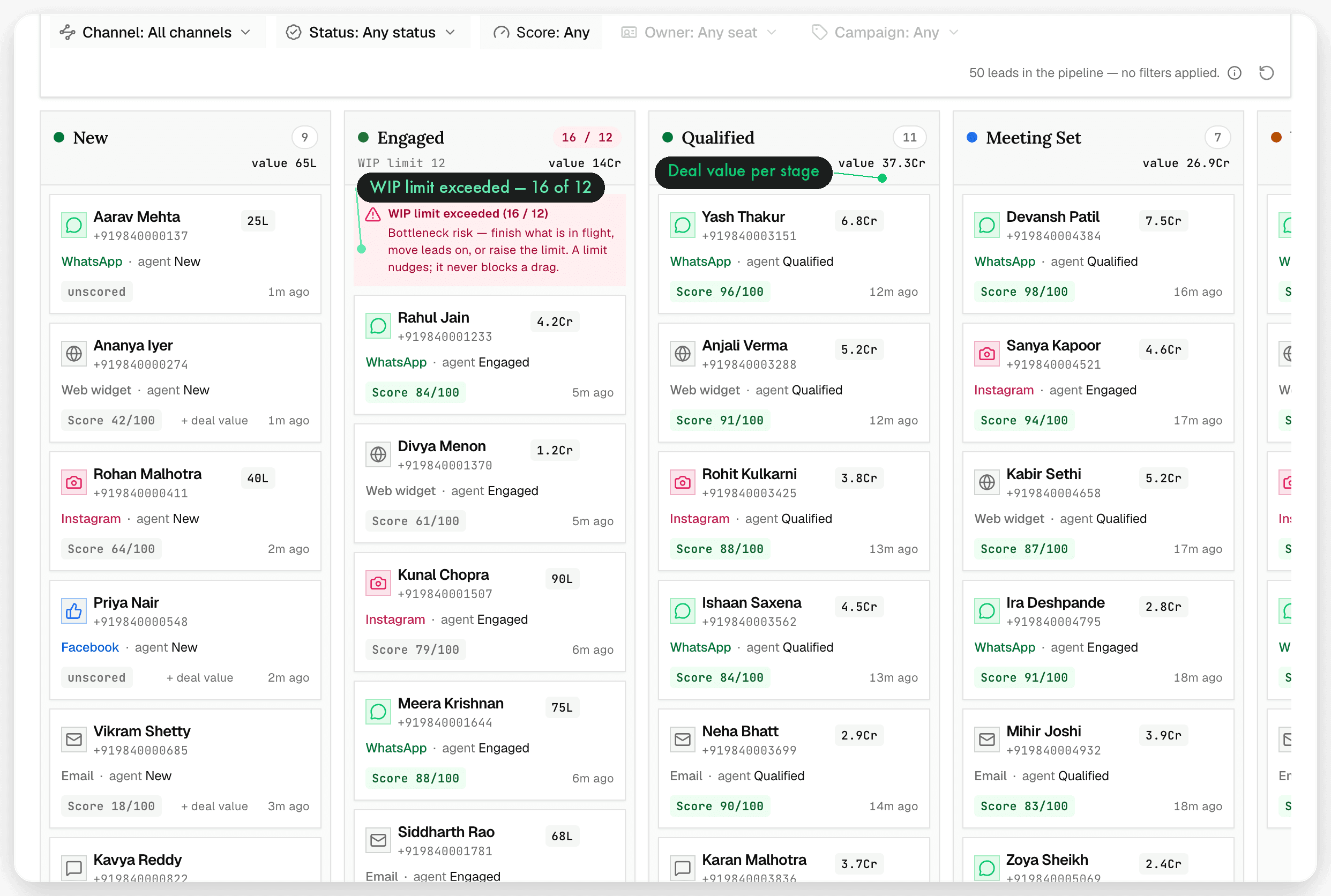 Oppiq — Pipeline: Kanban by stage.
