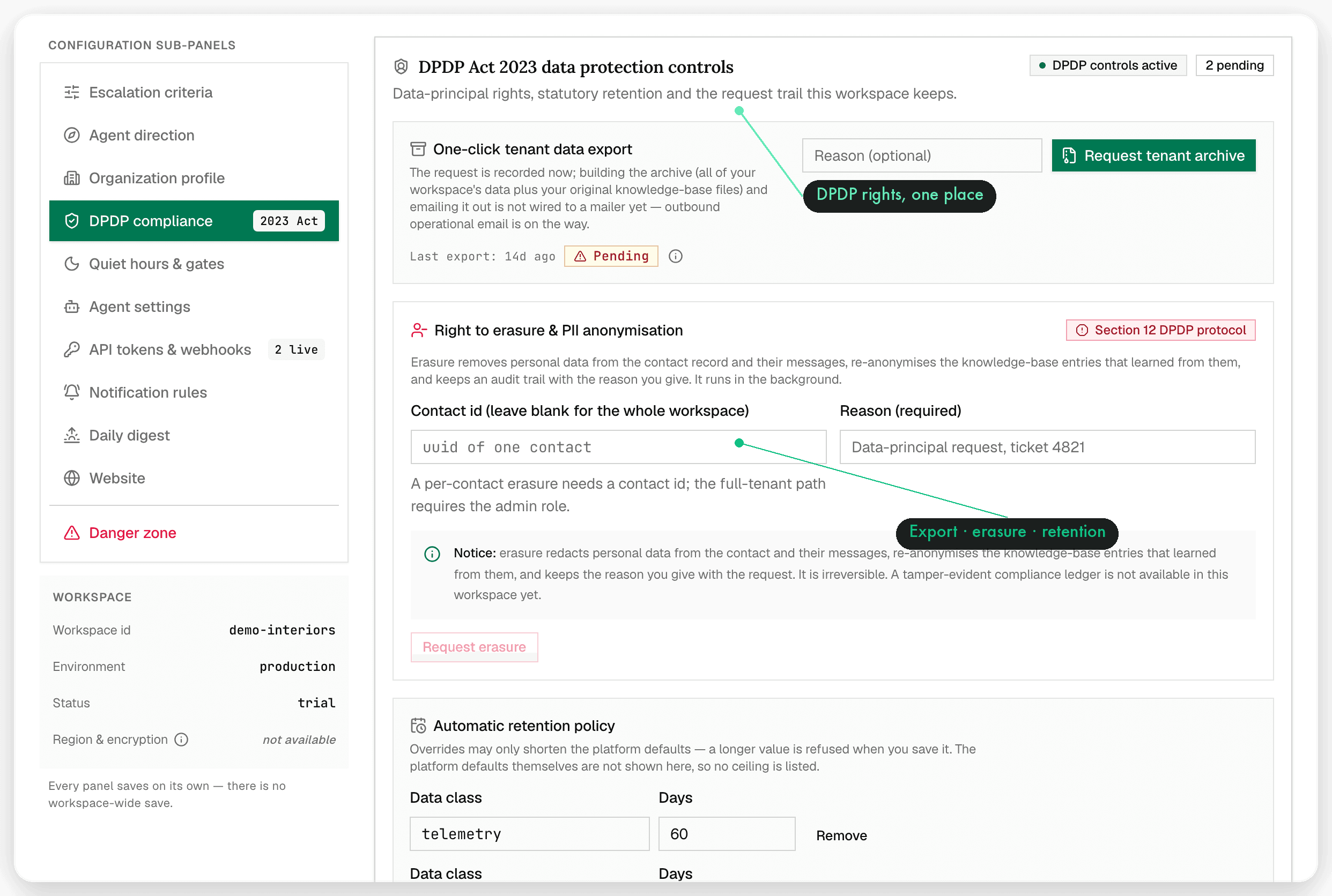 Data controls — Consent, retention and DPDP controls
